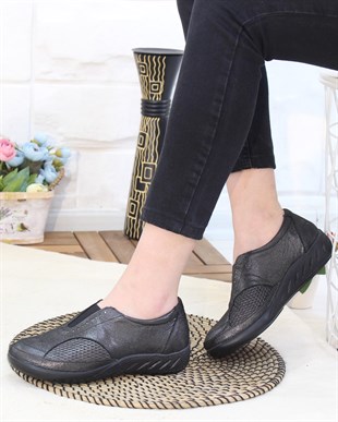 Capella 304 Çelik Siyah Hakiki Deri Günlük Kadın Yürüyüş Ayakkabı