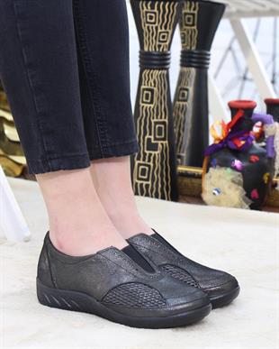 Capella 304 Çelik Siyah Hakiki Deri Günlük Kadın Yürüyüş Ayakkabı