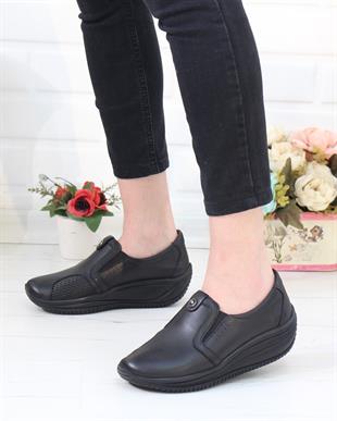 Capella 506 Siyah Hakiki Deri Günlük Kadın Yürüyüş Ayakkabı