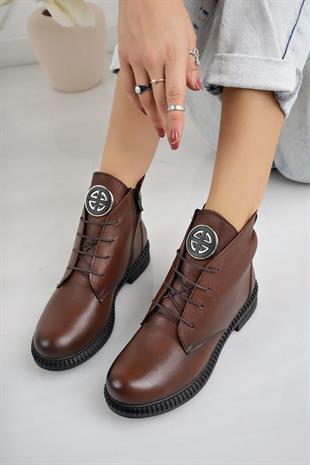 Castle Black 20915-1 Taba Hakiki Deri Fermuarlı Kadın Bot