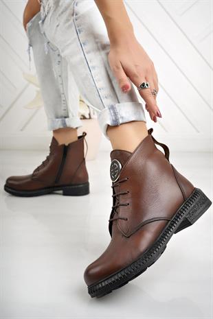 Castle Black 20915-1 Taba Hakiki Deri Fermuarlı Kadın Bot