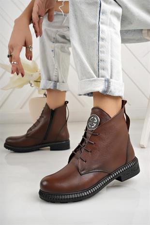 Castle Black 20915-1 Taba Hakiki Deri Fermuarlı Kadın Bot