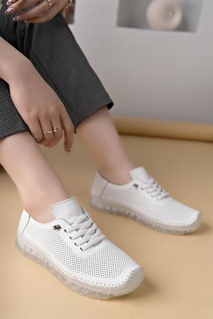 Castle Black 22384 Beyaz Hakiki Deri Şeffaf Taban Kadın Sneakers