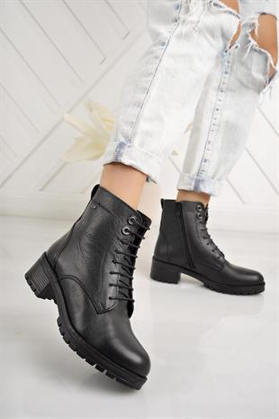 Castle Black 3680-1 Siyah Hakiki Deri Fermuarlı Kadın Bot
