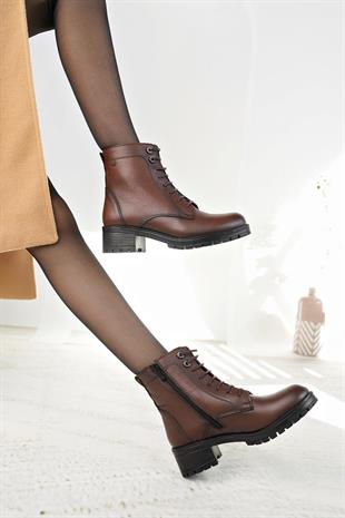 Castle Black 3680-1 Taba Hakiki Deri Fermuarlı Kadın Bot