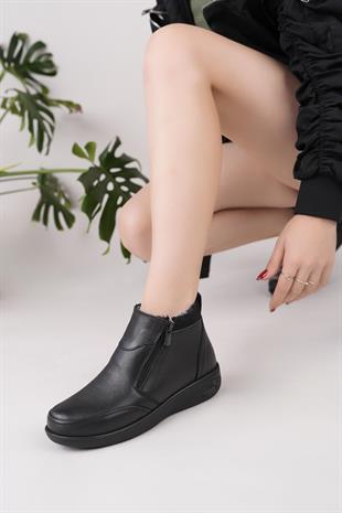 Castle Black 42646 Siyah Hakiki Deri Çift Fermuarlı Kürklü Kadın Bot