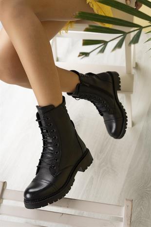 Castle Black 52682-1 Siyah Hakiki Soft Deri Kışlık Kadın Postal Bot