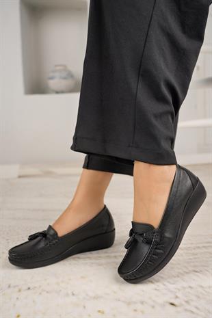 Castle Black 9005 Siyah Hakiki Deri Kadın Günlük Ayakkabı