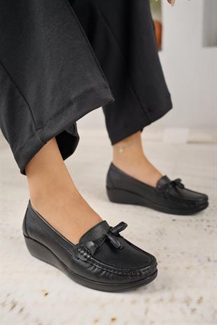 Castle Black 9005 Siyah Hakiki Deri Kadın Günlük Ayakkabı