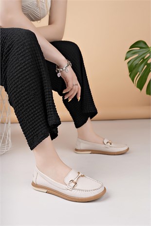 Eliz 24103 Bej Hakiki Soft Deri Rok Günlük Kadın Ayakkabı