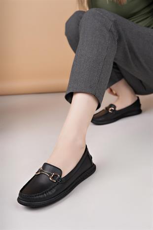 Eliz 24103 Siyah Hakiki Soft Deri Rok Günlük Kadın Ayakkabı