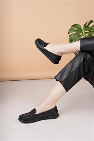 Eliz 24105 Siyah Hakiki Soft Deri Rok Günlük Kadın Ayakkabı