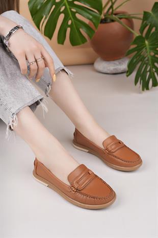 Eliz 24105 Taba Hakiki Soft Deri Rok Günlük Kadın Ayakkabı