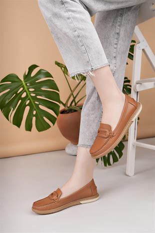Eliz 24105 Taba Hakiki Soft Deri Rok Günlük Kadın Ayakkabı