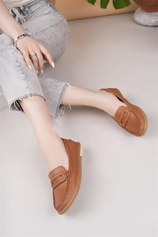 Eliz 24105 Taba Hakiki Soft Deri Rok Günlük Kadın Ayakkabı