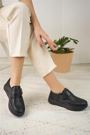 Forex 1029 Siyah Hakiki Deri Cırtlı Anatomik Kadın Ayakkabı