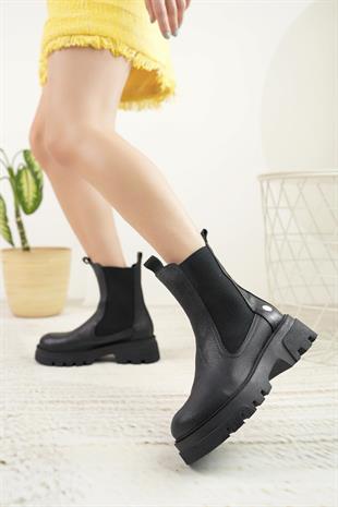 Mammamia D23KB 1500 Siyah Hakiki Deri Çift Lastikli Kadın Bot