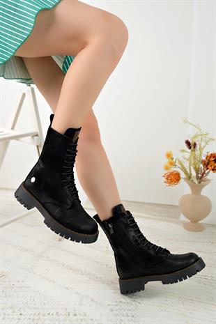 Mammamia D23KB 4100 Siyah Nubuk Hakiki Deri Kadın Postal