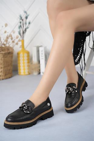 Mammamia D24KA 3185 Siyah Hakiki Deri Zincirli Kadın Ayakkabı