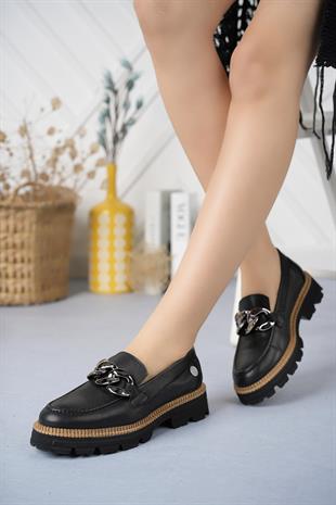 Mammamia D24KA 3185 Siyah Hakiki Deri Zincirli Kadın Ayakkabı