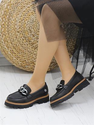 Mammamia D24KA 3185 Siyah Nubuk Hakiki Deri Zincirli Kadın Ayakkabı