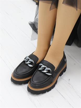 Mammamia D24KA 3185 Siyah Nubuk Hakiki Deri Zincirli Kadın Ayakkabı