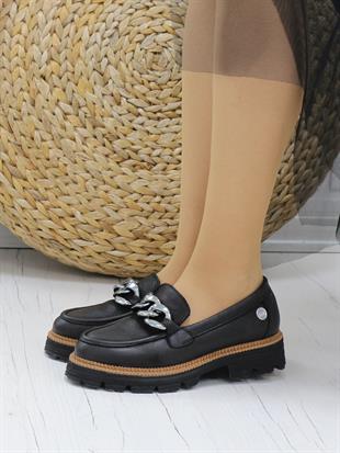 Mammamia D24KA 3185 Siyah Nubuk Hakiki Deri Zincirli Kadın Ayakkabı