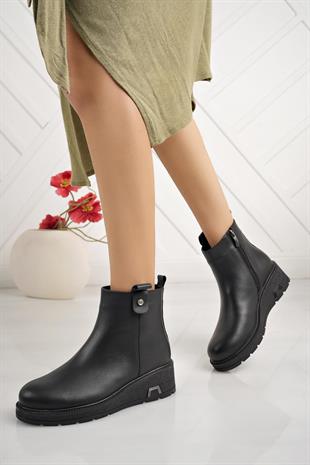 Mammamia D24KB 1330 Siyah Hakiki Deri Fermuarlı Kadın Bot