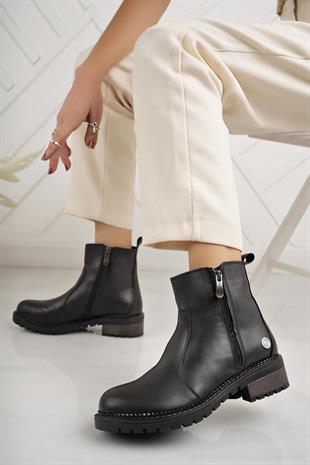Mammamia D24KB 1775 Siyah Hakiki Deri Fermuarlı Kadın Bot