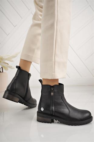 Mammamia D24KB 1775 Siyah Hakiki Deri Fermuarlı Kadın Bot