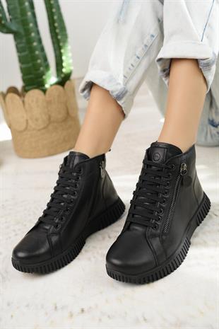 Mammamia D24KB 4065 Siyah Hakiki Deri Kadın Bot