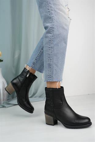 Mammamia D24KB 4555 Siyah Hakiki Deri Fermuarlı Kadın Bot