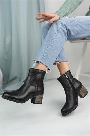 Mammamia D24KB 4555 Siyah Hakiki Deri Fermuarlı Kadın Bot