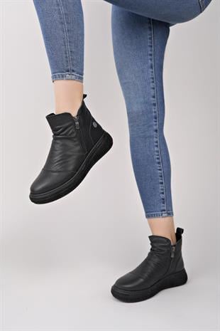 Mammamia D25KB 1005 Siyah Hakiki Deri Çift Fermuarlı Kadın Bot