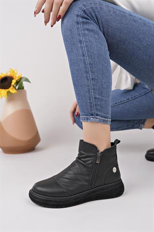 Mammamia D25KB 1005 Siyah Hakiki Deri Çift Fermuarlı Kadın Bot