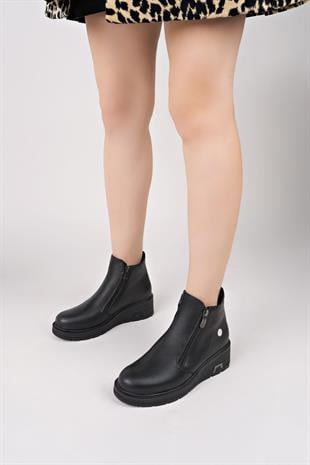 Mammamia D25KB 1580 Siyah Hakiki Deri çİFT Fermuarlı Kadın Bot
