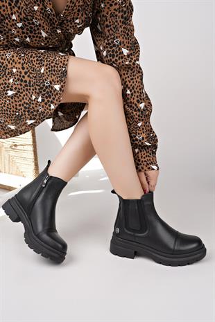Mammamia D25KB 1660 Siyah Hakiki Deri Fermuarlı Kadın Bot