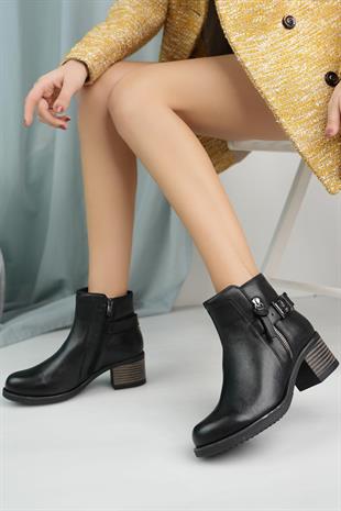 Mammamia D25KB 4380 Siyah Hakiki Deri Fermuarlı Kadın Bot
