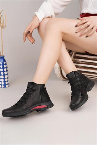 Mammamia D25KB 4465 Siyah Hakiki Nubuk Deri Fermuarlı Kadın Bot