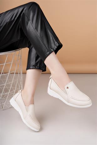 Mammamia D25YA 3235 Krem Hakiki Deri Kadın Ayakkabı