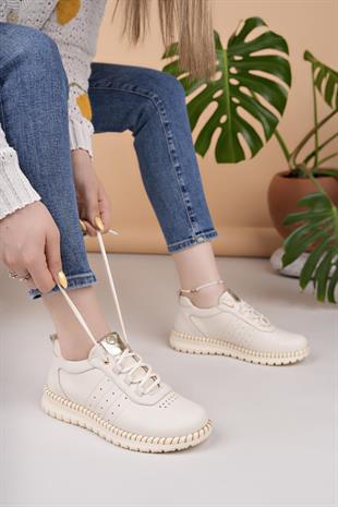 Mammamia D25YA 3275 Krem Hakiki Deri Bağcıklı Kadın Ayakkabı