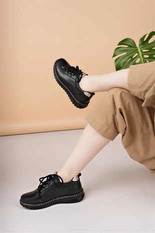 Mammamia D25YA 3275 Siyah Hakiki Deri Bağcıklı Kadın Ayakkabı