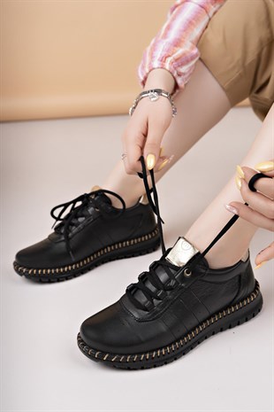 Mammamia D25YA 3275 Siyah Hakiki Deri Bağcıklı Kadın Ayakkabı