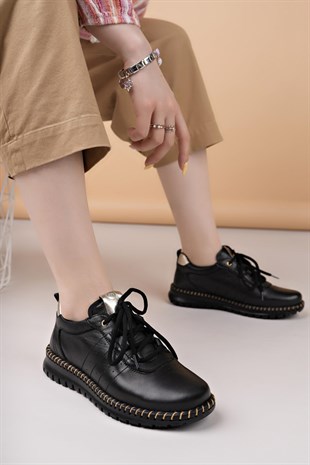 Mammamia D25YA 3275 Siyah Hakiki Deri Bağcıklı Kadın Ayakkabı