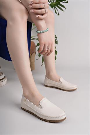 Mammamia D25YA 3595 Krem Hakiki Deri Kadın Ayakkabı