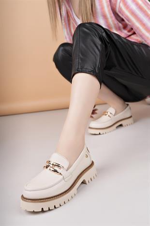 Mammamia D25YA 3695 Krem Hakiki Deri Maskulen Kadın Ayakkabı