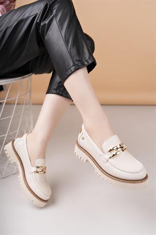 Mammamia D25YA 3695 Krem Hakiki Deri Maskulen Kadın Ayakkabı