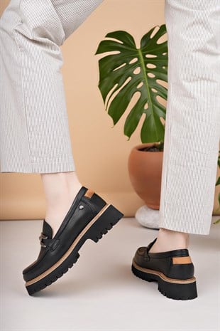 Mammamia D25YA 3695 Siyah Hakiki Deri Maskulen Kadın Ayakkabı