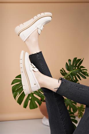 Mammamia D25YA 3760 Krem Hakiki Deri Maskulen Kadın Ayakkabı