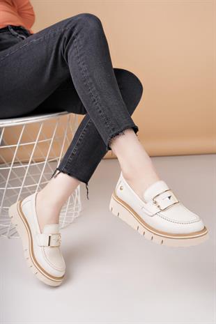 Mammamia D25YA 3760 Krem Hakiki Deri Maskulen Kadın Ayakkabı